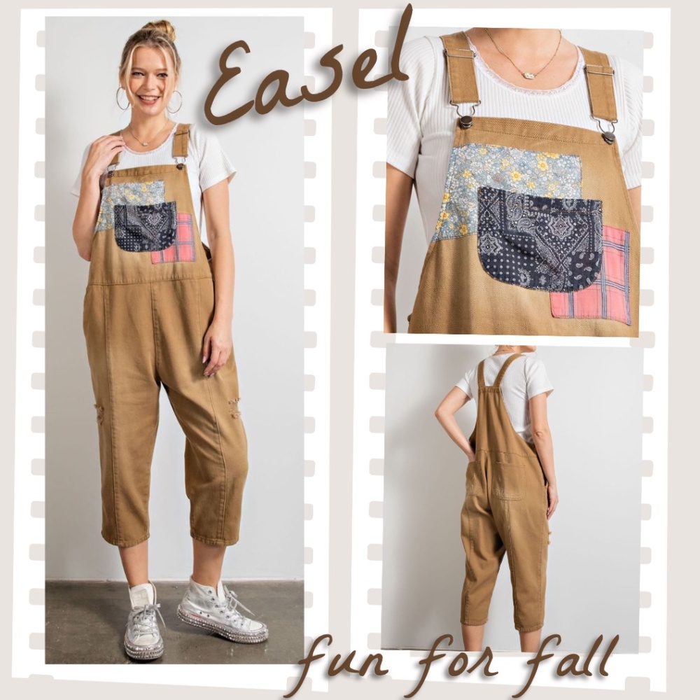 EASEL Washed Cotton Cropped Overalls Mixed Print Patchwork & Distressed Details